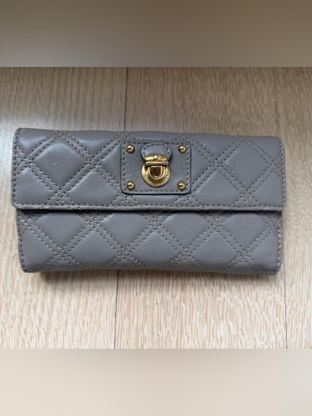 Marc Jacobs Quilted Leather Wallet in Taupe Gray with Gold Hardware